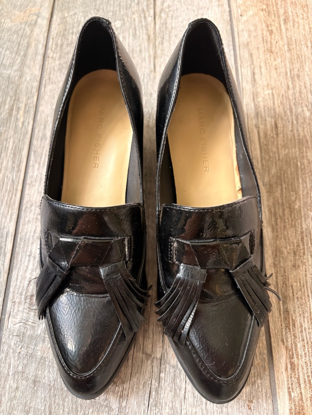 Marc Fisher Black Patent Tassel Loafer Heels for Women